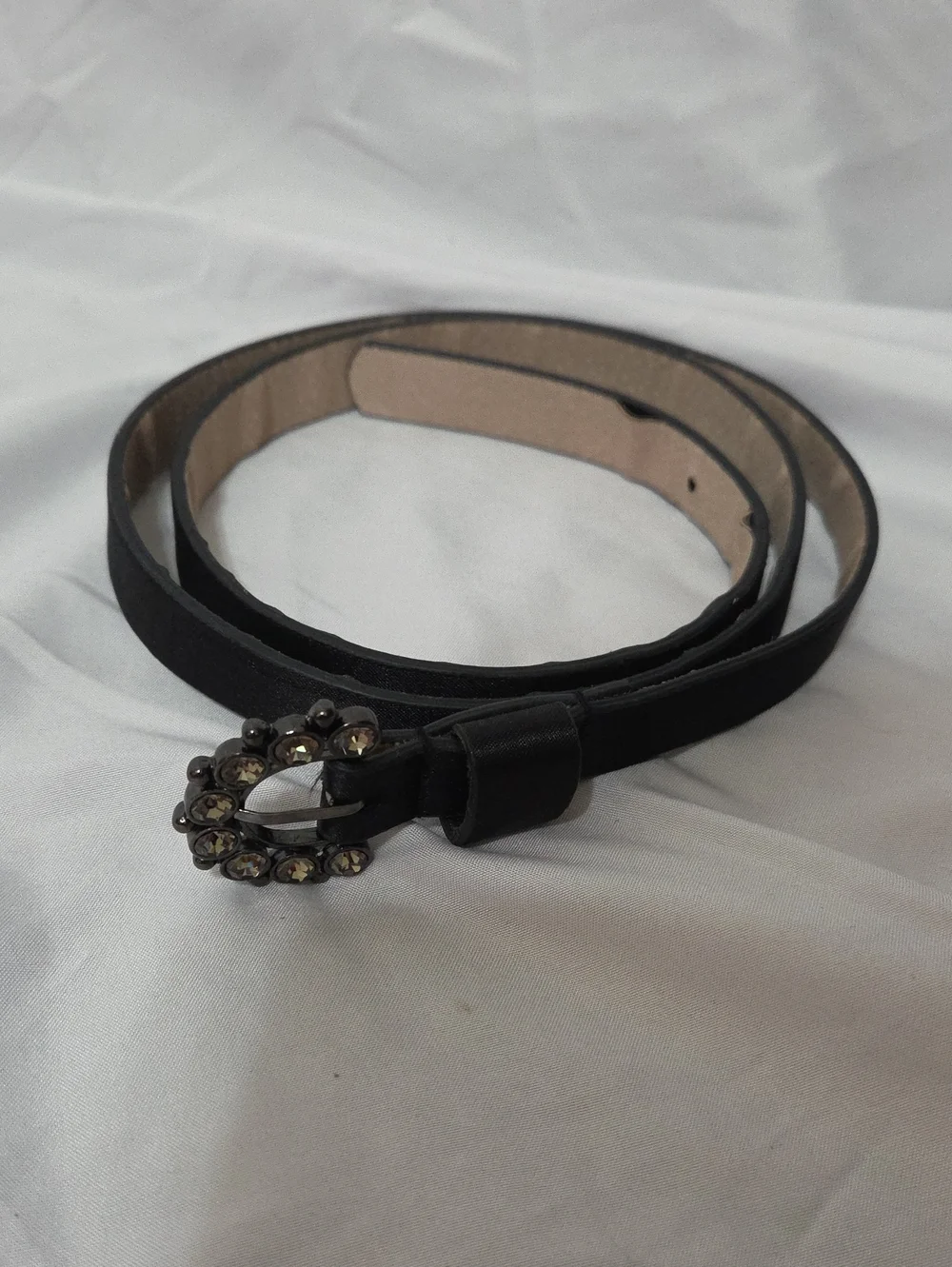 Black Satin Slim Belt Rhinestone Studded Oval Buckle, Size 34-38, Good Condition